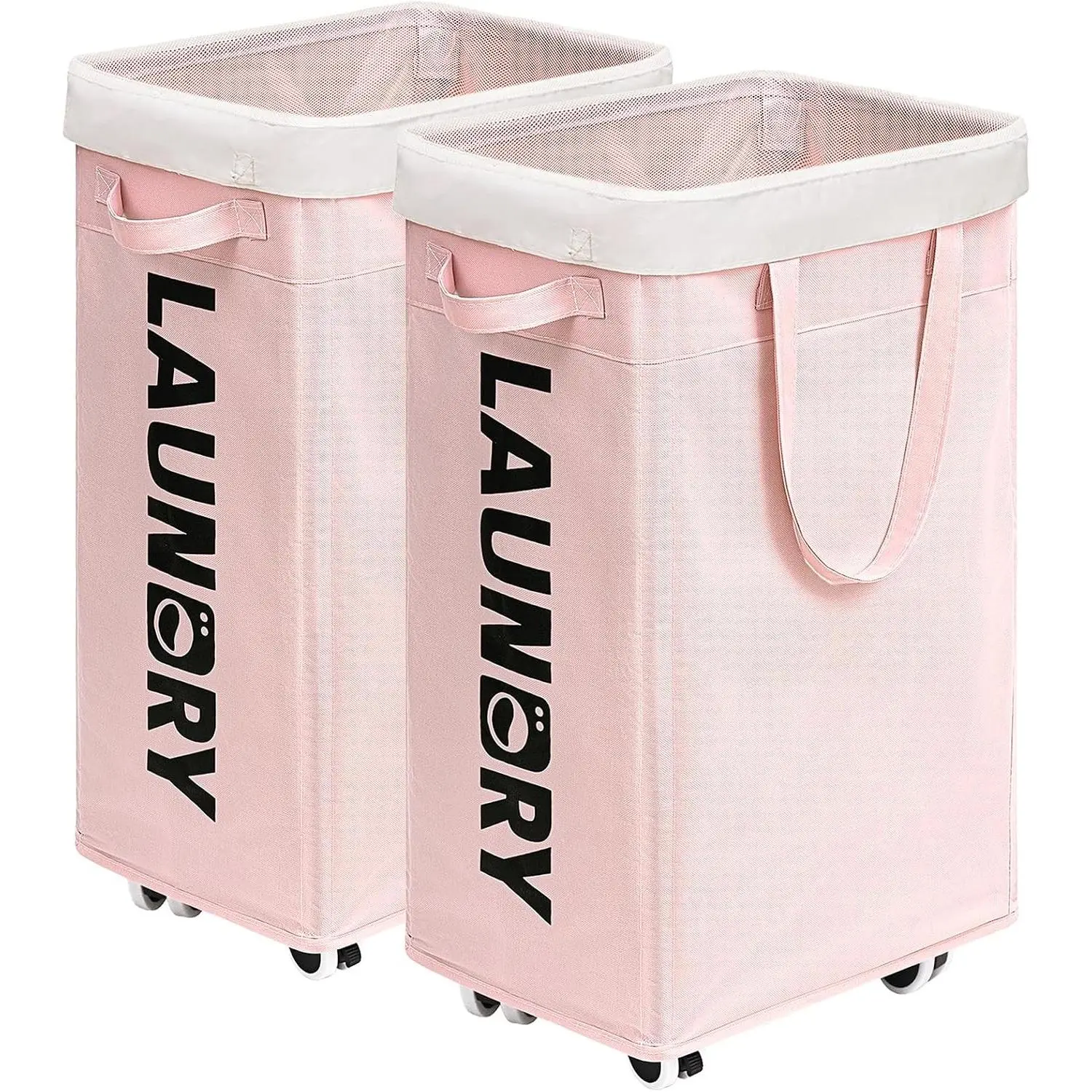 Pink Laundry Baskets with Wheels 2-Pack, 75L Rolling Laundry Basket with Removable Wash Bags, Large Laundry Hamper for Corner Dorm, Collapsible Laundry Basket on Wheels