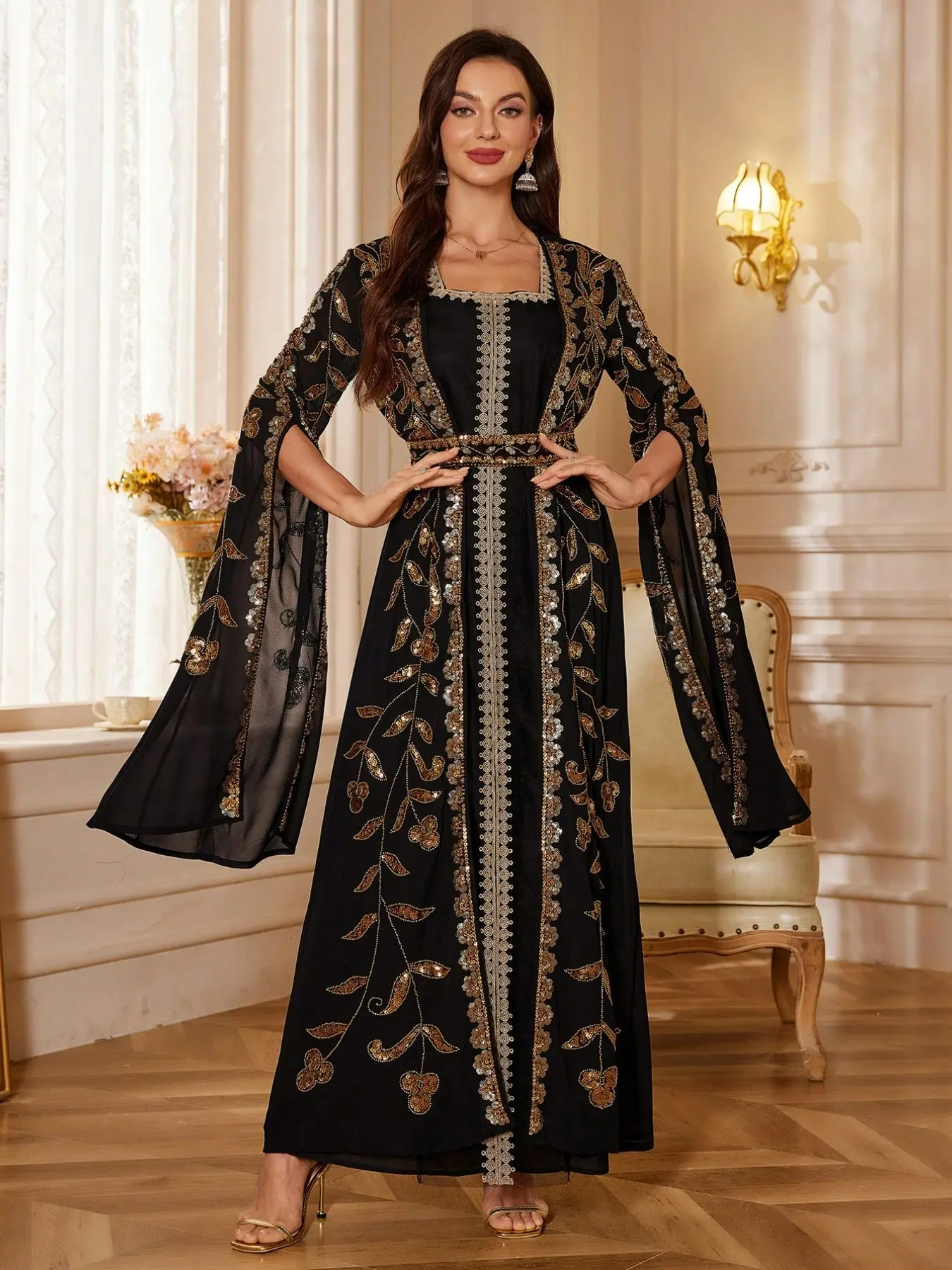 Luxurious Gold Thread Embroidered Two-Piece Set, Elegant Long Sleeve Long Maxi Robe Dress with Leaf Design, Perfect for Evening Wear