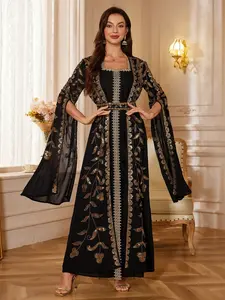 Luxurious Gold Thread Embroidered Two-Piece Set, Elegant Long Maxi Robe with Leaf Design, Perfect for Evening Wear
