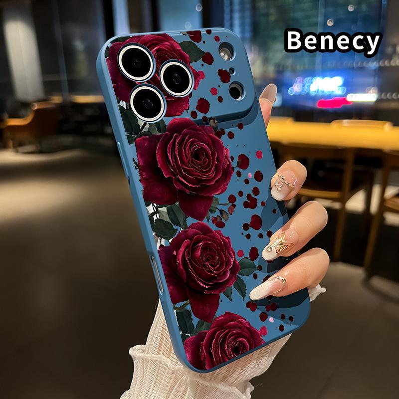 Straight Edge Phone Case for iPhone 17 15 16 14 Pro Max 13 12 11 XR XS Plus Air E Blooming Ruby Roses Pattern Drop Protection Shockproof Soft Liquid Silicone Smartphone Cover