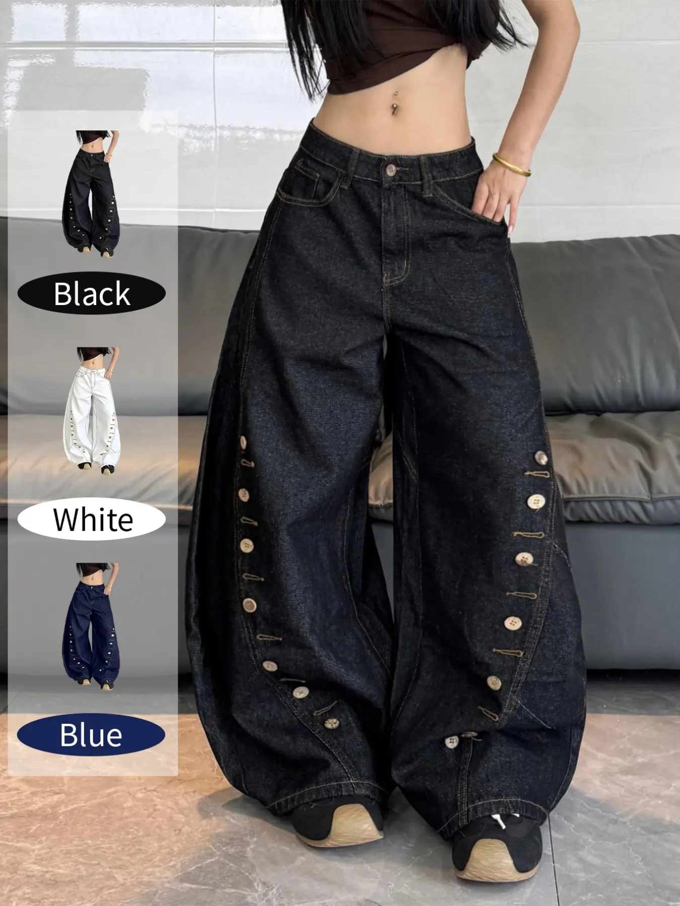 Women's Denim Jeans, Bell-Bottom Design, Deconstructed Resin Button Details, Street Style Loose Fit Oversized Baggy, Fashionable Long Pants, Multiple Colors Available, Streetwear