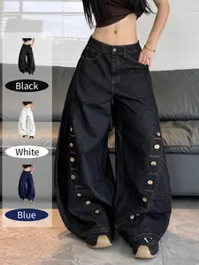 Women's Denim Jeans, Bell-Bottom Design, Deconstructed Resin Button Details, Street Style Loose Fit, Fashionable Long Pants, Multiple Colors Available
