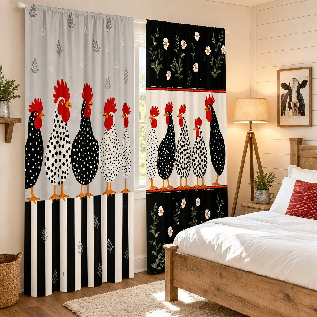2pcs Farm Rooster Printed Curtains Daisy Stripe Pattern American Country Retro Home Bedroom Living Room Dining Room Kitchen Farmhouse Semi blackout Decorative Curtains