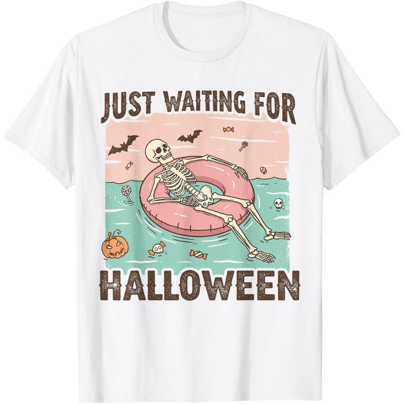 Men's Basic Short-Sleeve Spooky Summer Skeleton Print T-Shirt, Casual Crewneck Menswear with Matching Vibe for Halloween