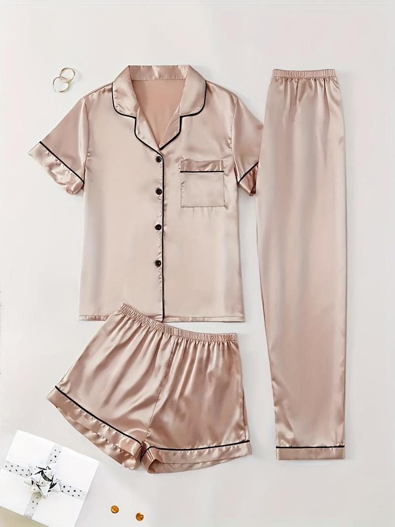 Women's Satin Pajama Set, 3-Piece Casual Solid Color Pajamas, Short Sleeve Lapel Shirt, Elastic Long Pants and Shorts, 95% Polyester and 5% Spandex, Woven Lapel, Button, 90g/m² - Sizes S-XL Loungewear Nightwear Womenswear Style Homewear Elegant Women's Satin Pajama Set, 3-Piece Casual Solid Color Pajamas, Short Sleeve Lapel Shirt, Elastic Long Pants and Shorts, 95% Polyester and 5% Spandex, Woven Lapel, Button, 90g/m² - Sizes S-XL Loungewear Nightwear Womenswear Style Homewear Elegant