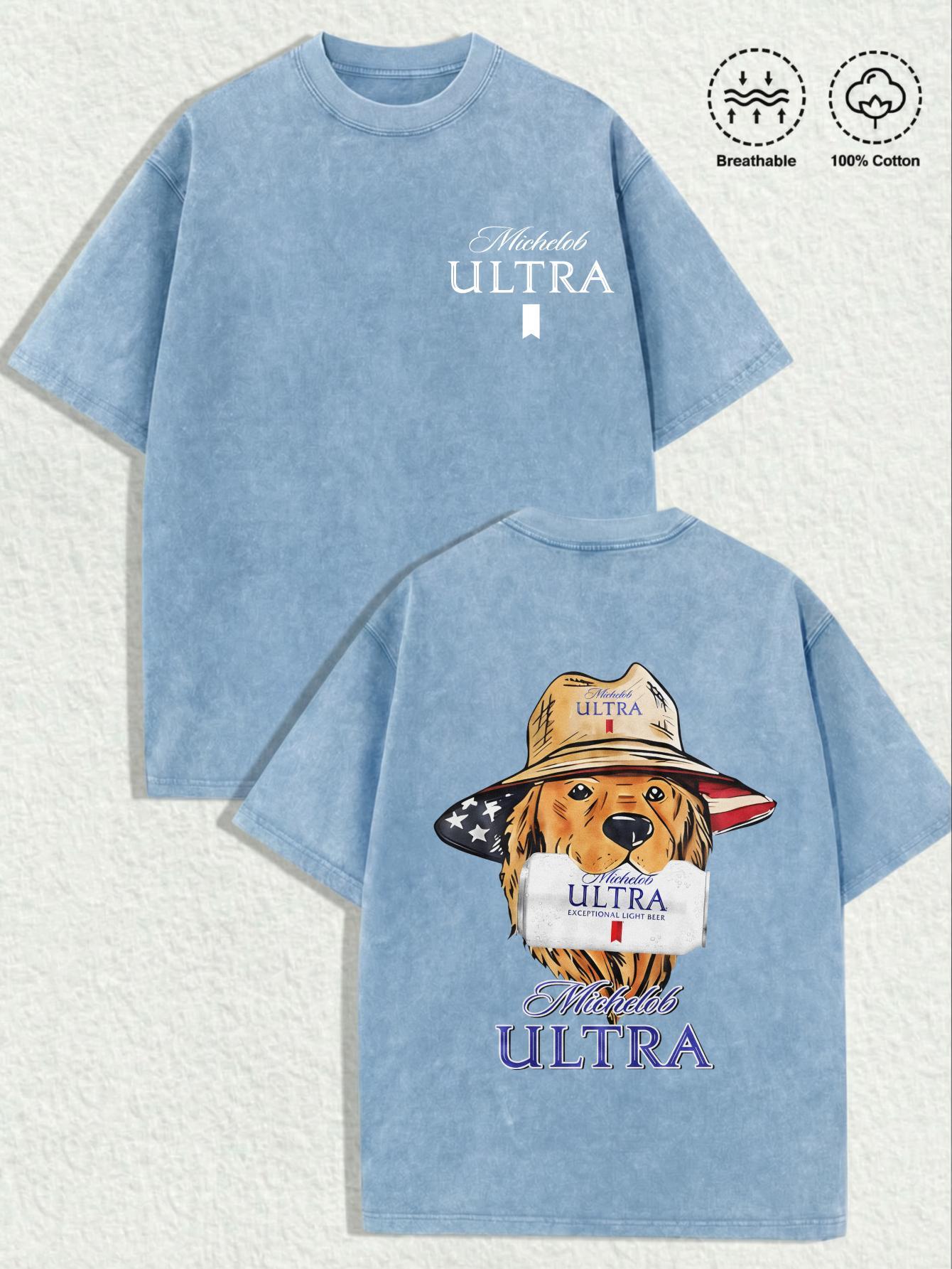1 PCS "Michelob Ultra - American Dog" Vintage Graphic Tee Made Of 100% Breathable Cotton, Men's Round Neck Printed Short Sleeve Casual Everyday T-Shirt, They Are Excellent Gifts For Friends And Family, A Youthful And Fashionable Design, Graphic Tees Men