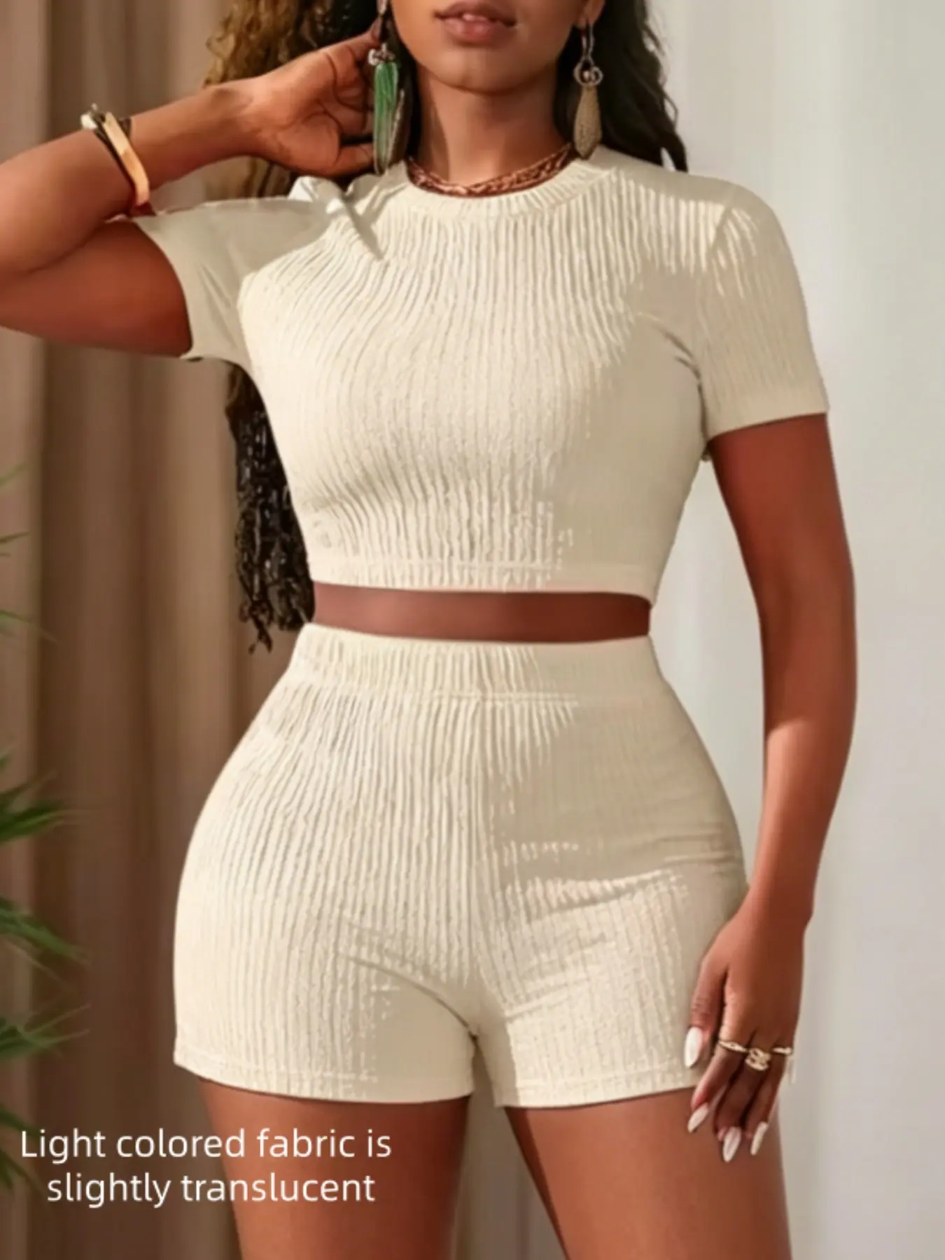 Women's Two-Piece Set, Short Sleeve Ribbed Top and High-Waisted Shorts, Casual Fitted, Comfortable Daily Wear, Spring & Fall Style