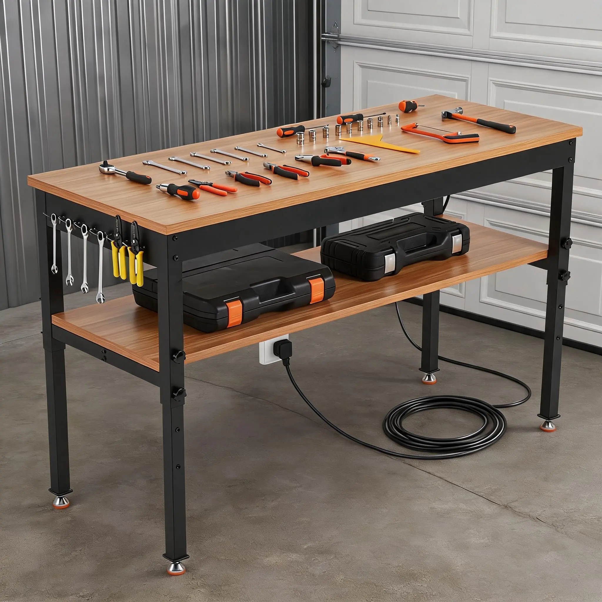 Hosslly Heavy Duty Hardwood Top Workbench - 48"/60" Size, 2500lbs Capacity, 3 Height Settings, Steel Frame, Power Strip with USB, 6 Hooks, Shelf - for Garage/Workshop/Office