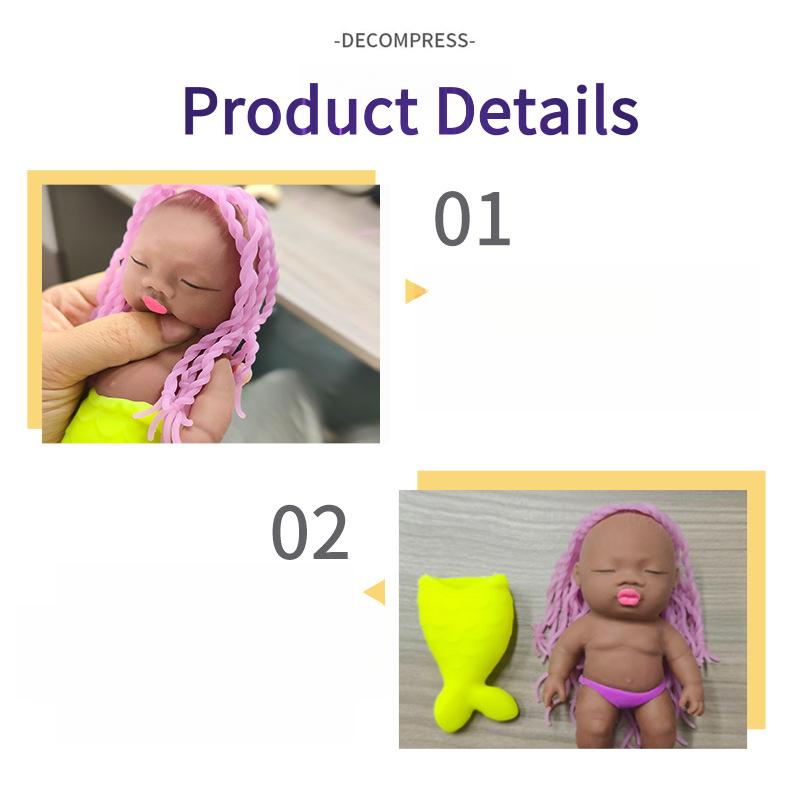 "Ugly-Cute" Long-Haired Mermaid Princess Stress Relief Toy - Black Soft-Gel Squeezable Palm-Sized Doll