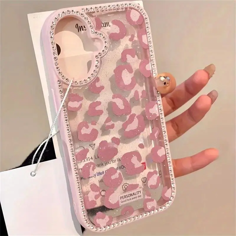 Coquette Pink Leopard Glitter Clear TPU Soft Phone Case, Shockproof Aesthetic Cover with Heart Rhinestone Camera Frame for iPhone 11-17, Air, Pro, Max fashionable protective anti-drop anti-fall fully protection