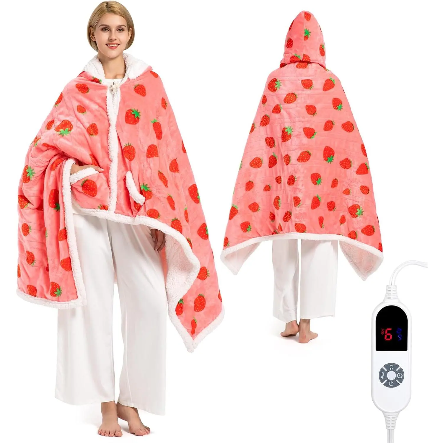 Wearable Heated Blanket Hoodie for Women, Valentines Day  for Her Wife Women, Electric Throw Blanket, Heated Shawl Wraps Poncho,  Day Birthday Anniversary Day , Strawberry Red