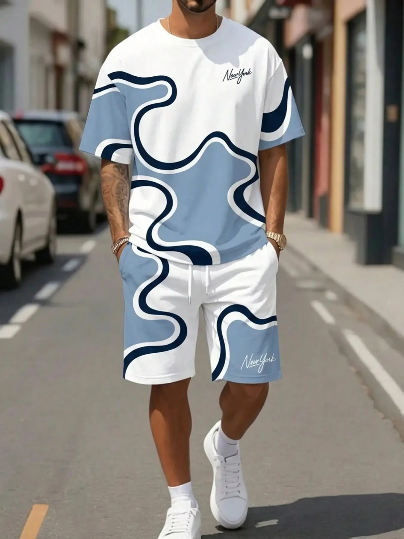 Men's Colorblock Wave Short Sleeve Set, Summer Breathable Casual Loose Fit Round Neck T-Shirt and Shorts Two-Piece Set, Trendy Sports