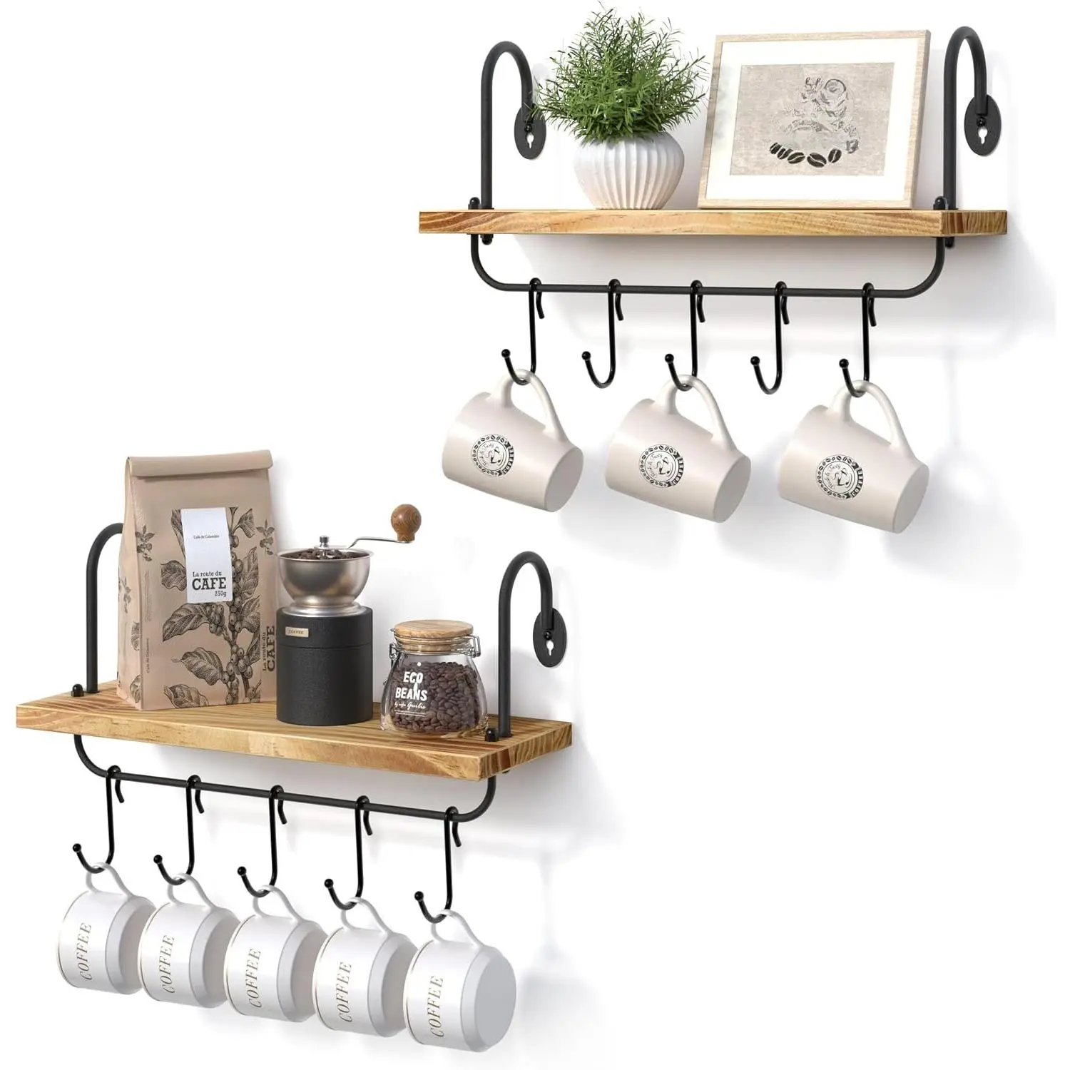 Floating Wall Shelves for Kitchen Bathroom Coffee Nook with 10 Adjustable Hooks for Coffee Mugs, Coffee Bar Organizer and Decor, Rustic Storage Shelves Set of 2