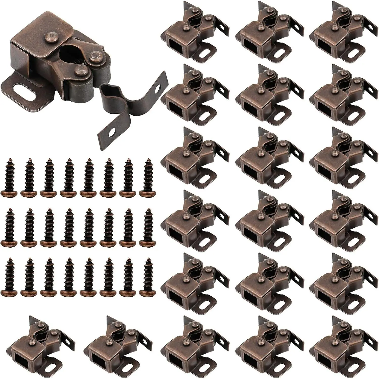 20 pieces of cabinet door latch hardware, brown antique bronze color |       Double-roller latch cabinet lock, with spear-shaped lock tongue, suitable for wardrobe doors, kitchen doors, and RV doors, easy to install with screws