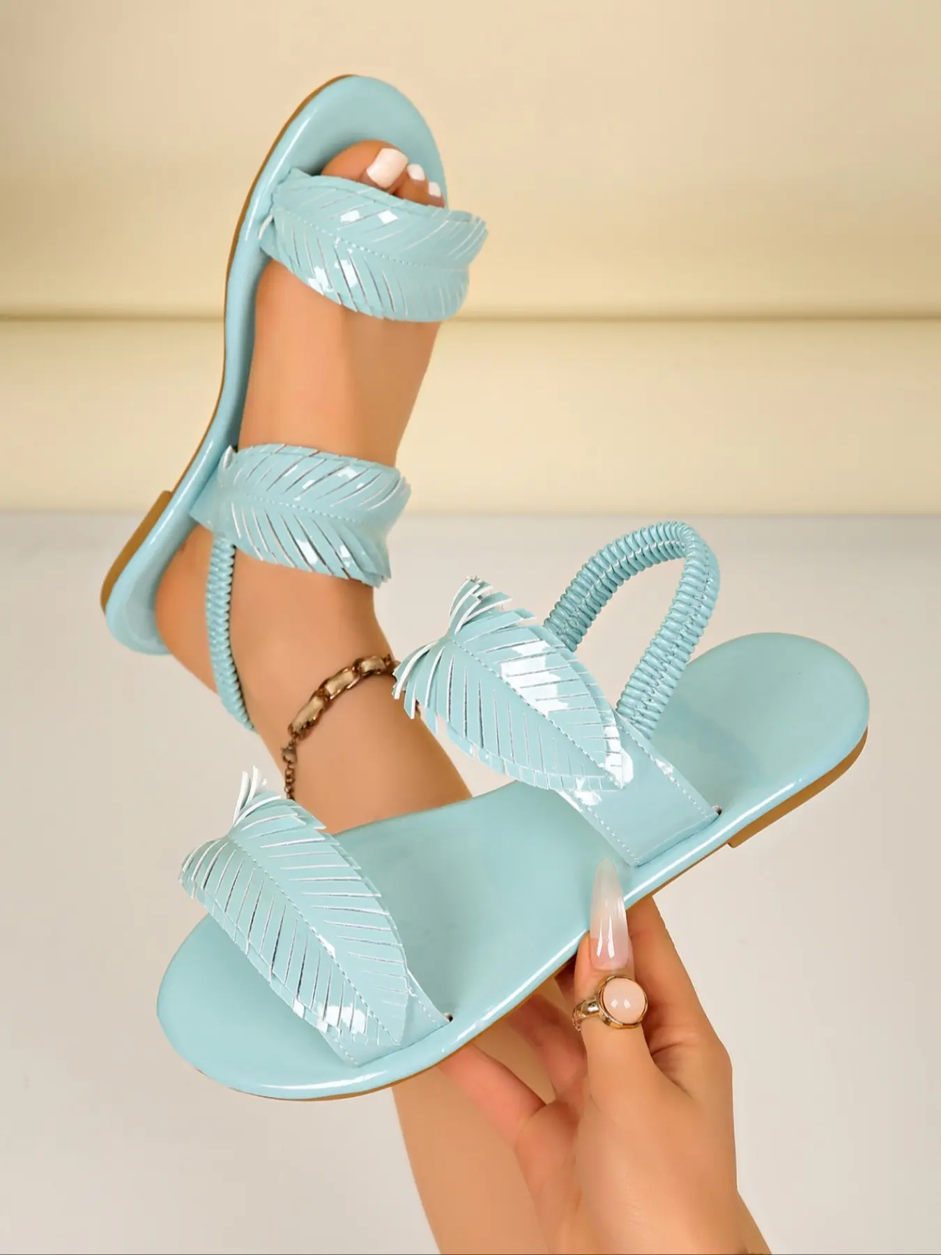 Women's Leaf Cutout Metallic Elastic Ankle Strap Flat Sandals, Open Toe Slip On Back Sling Mules, Summer Shiny Glossy Soft Insole Daily Footwear, Lightweight Outdoor Party Beach Walking Slides, Casual Nightclub Vacation Holiday Shoes, Stylish Glitter Fash
