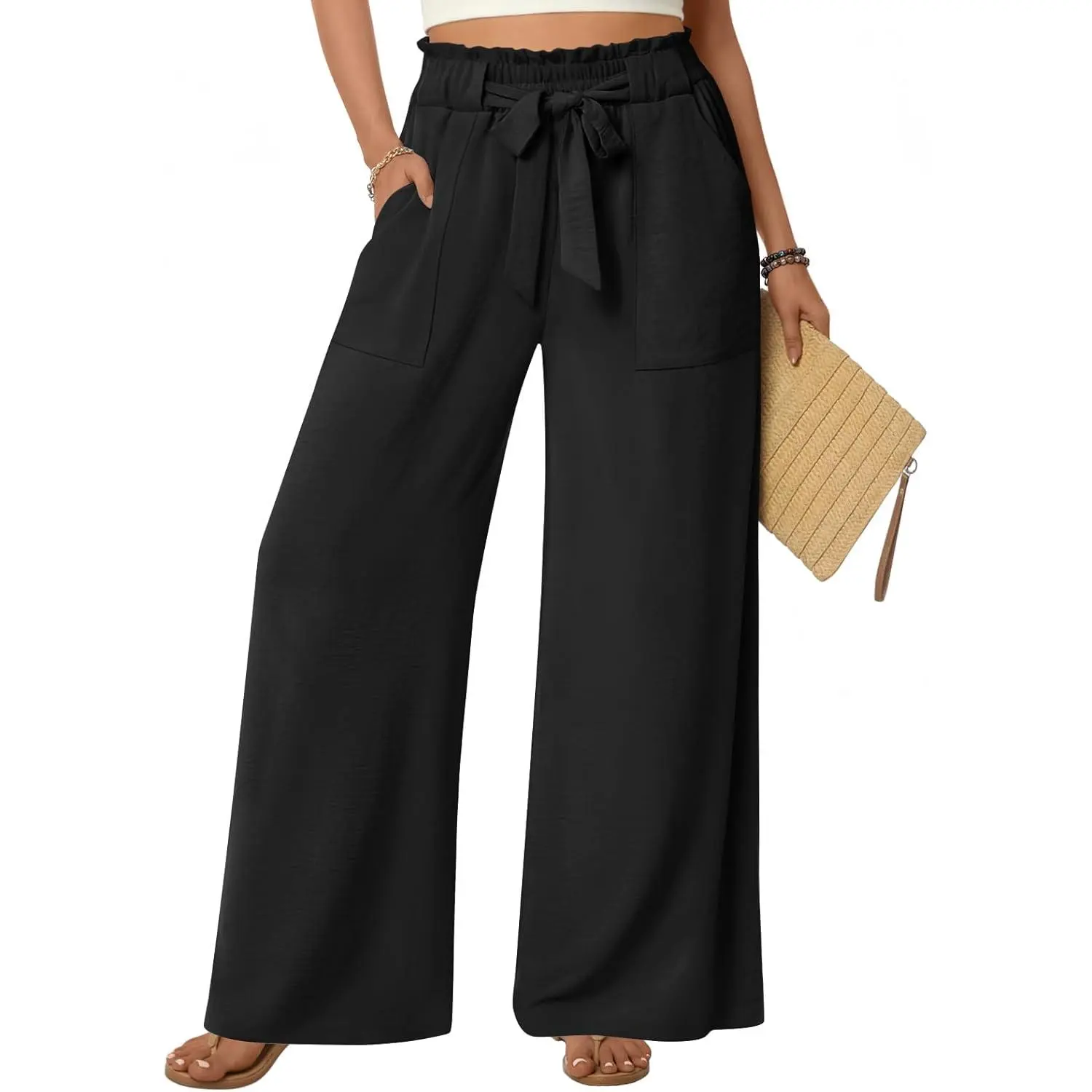 Stylish women's wear Anyhold Womens Wide Leg Palazzo Pants Dressy Casual Loose High Waist Trousers Flowy Work Adjustable Pants with Pockets
