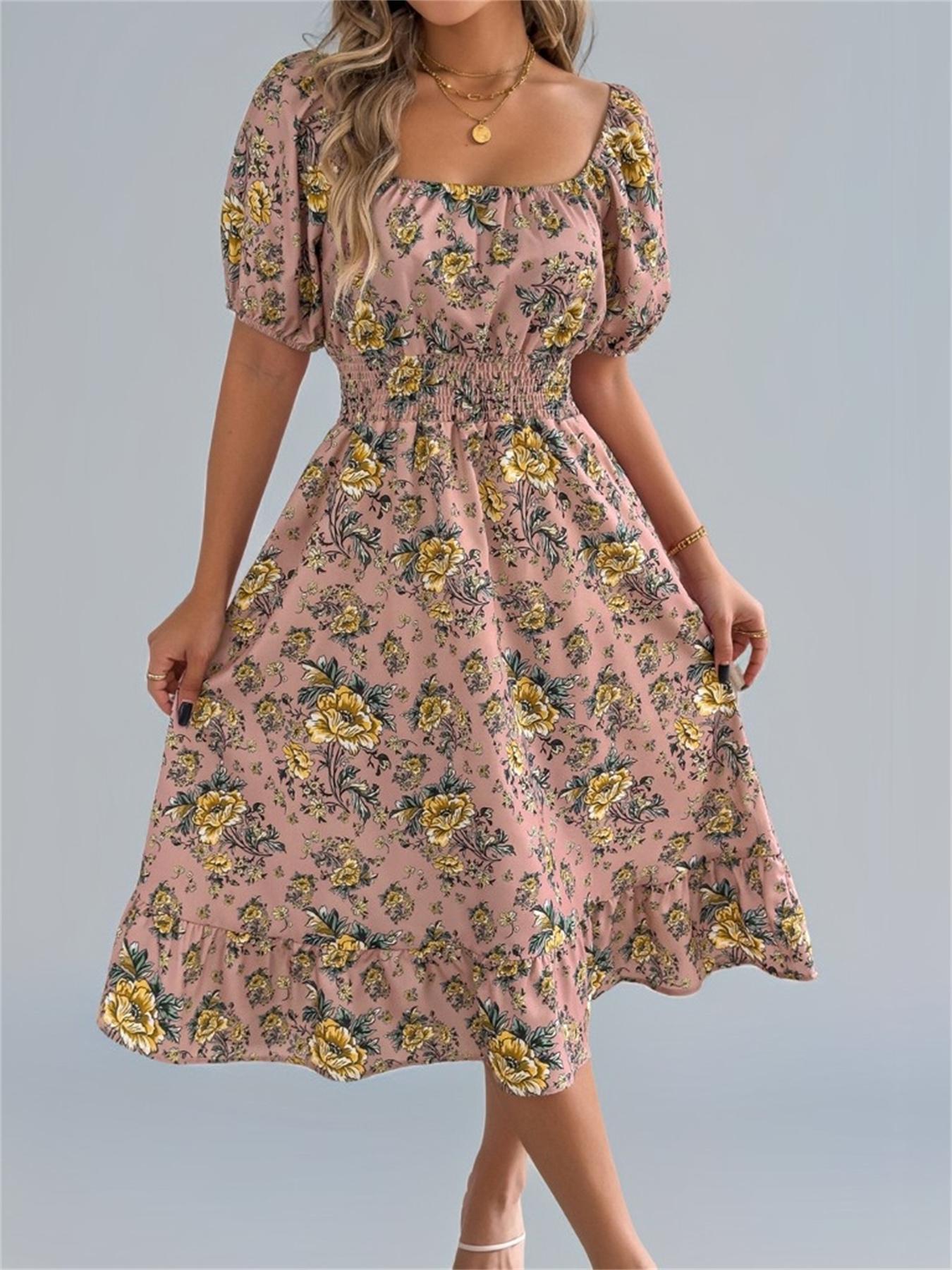 Women's Ditsy Floral Print Shirred Ruffle Hem Dress, Boho Fashion Square Neck Puff Sleeve Knee Length Dress for Holiday Daily Wear, Ladies Dress for Summer