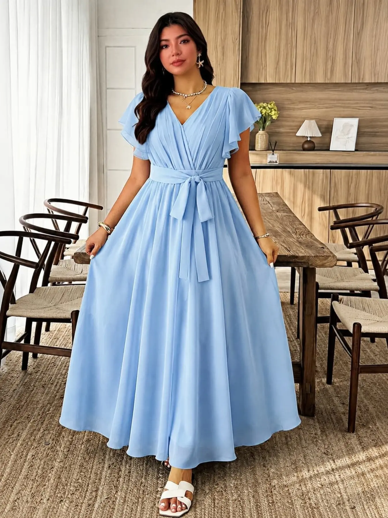 Plus Size Women's Solid A-Line Dress, Ruffle Sleeve and Tie Waist, Elegant Chic Loose-Fit Long Dress with Elegance for Daily Wear and Weddings