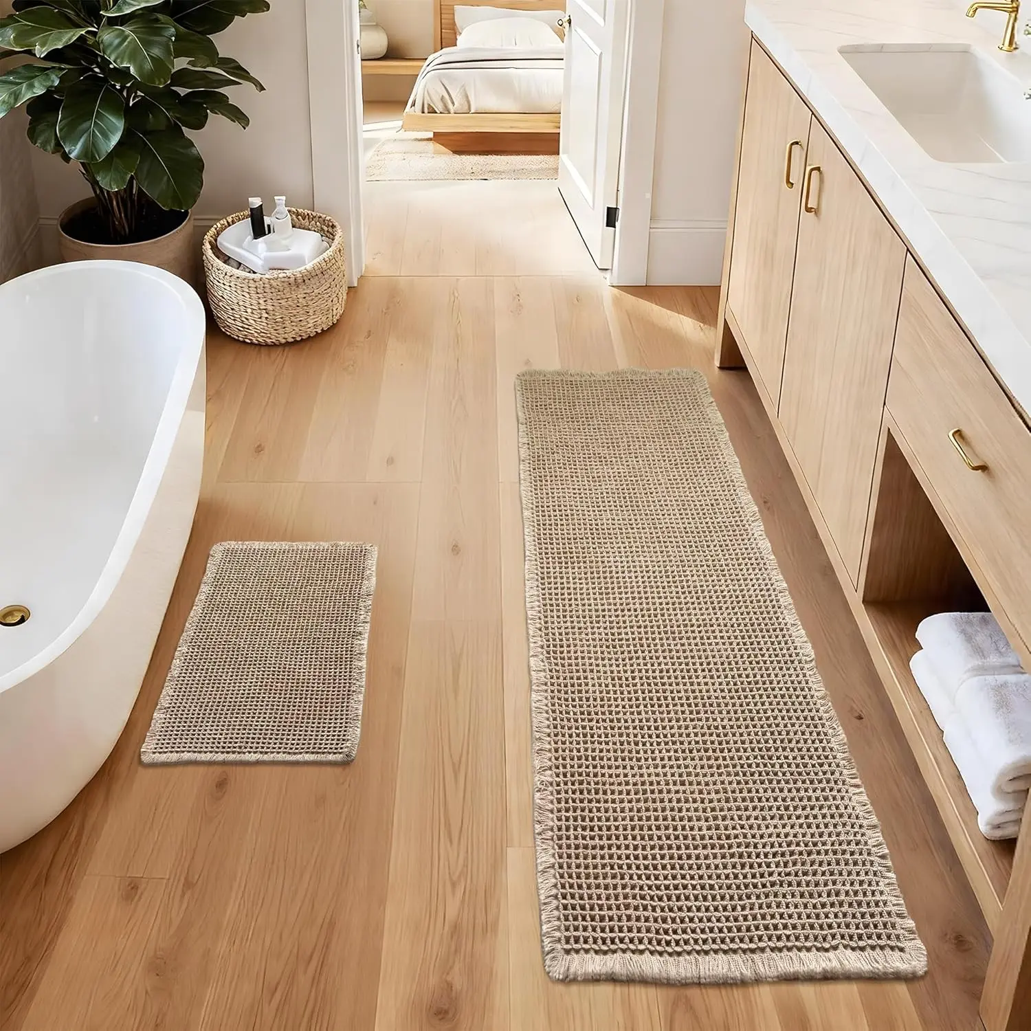 Bathroom Runner Rug Set 2 Piece - Long Waffle Bath Mat for Double Sink, Washable Bathroom Mats Non Slip Absorbent Boho Decor, 18x30 & 24x60, Khaki