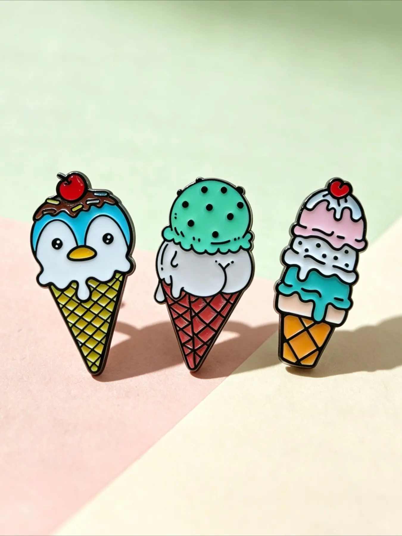 3PCS Cute Ice Cream Cone Enamel Pins Set, Cartoon Penguin Waffle Ice Cream Lapel Brooch Badge for Jacket Backpack Hat, Lovely Summer Jewelry Gift