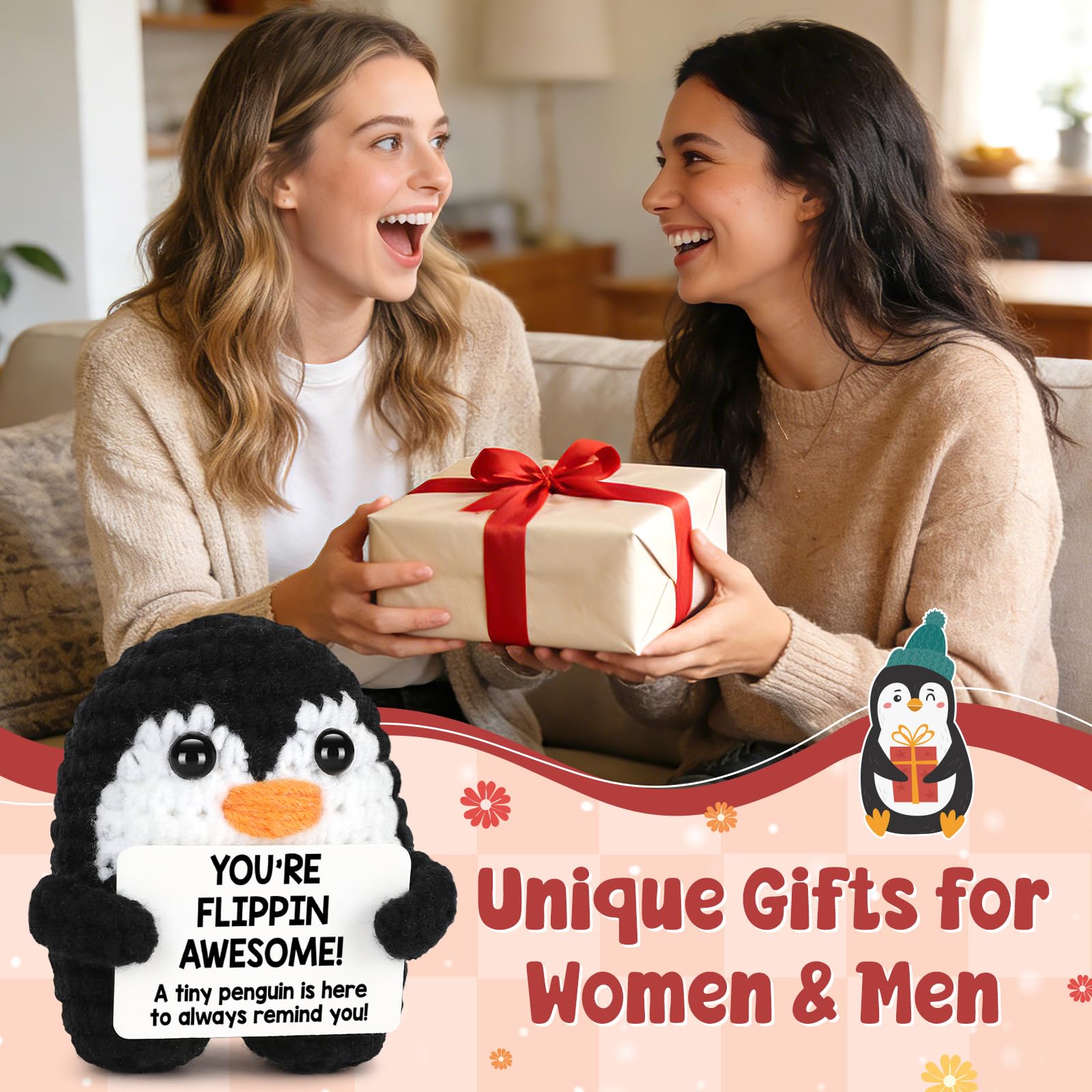 Handcrafted Soft Knit Penguin Stuffed Toy, Squishy Stress Reliever Desk Decor, Cute Bag Accessory Keychain Ornament, Unique Handmade Gift for Birthday Christmas Graduation Mother’s Day Teacher’s Day Party Favors, Small Kawaii Plush for Home Office Nursery