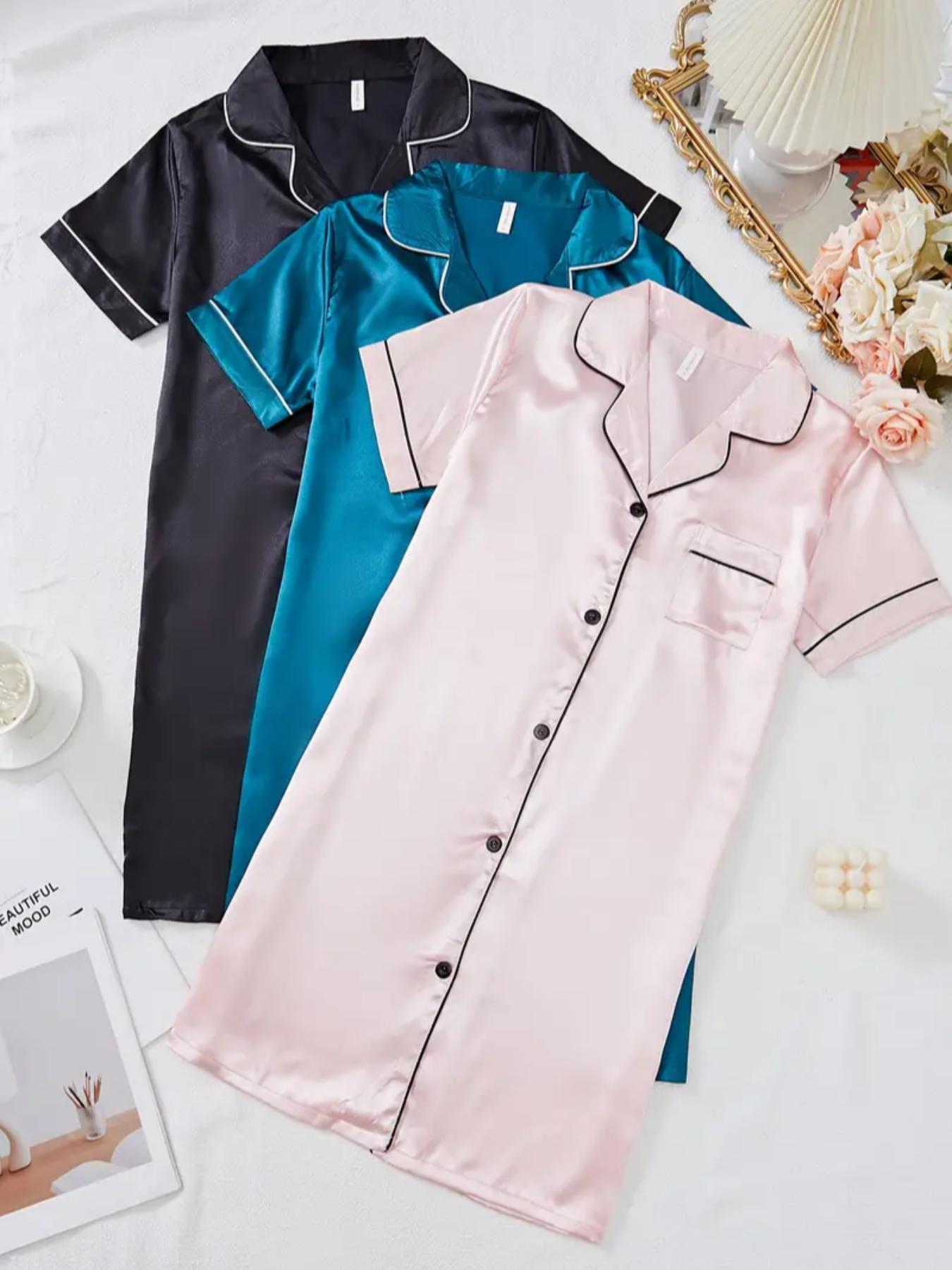 Women's Contrast Binding Button Front Satin Pyjama Dress, Soft Basic Casual Comfy Short Sleeve Lapel Neck Pocket Nightdress, Ladies Sleepwear for All Seasons, Lounge Pajama Style, Pajamas, Loungewear, Homewear
