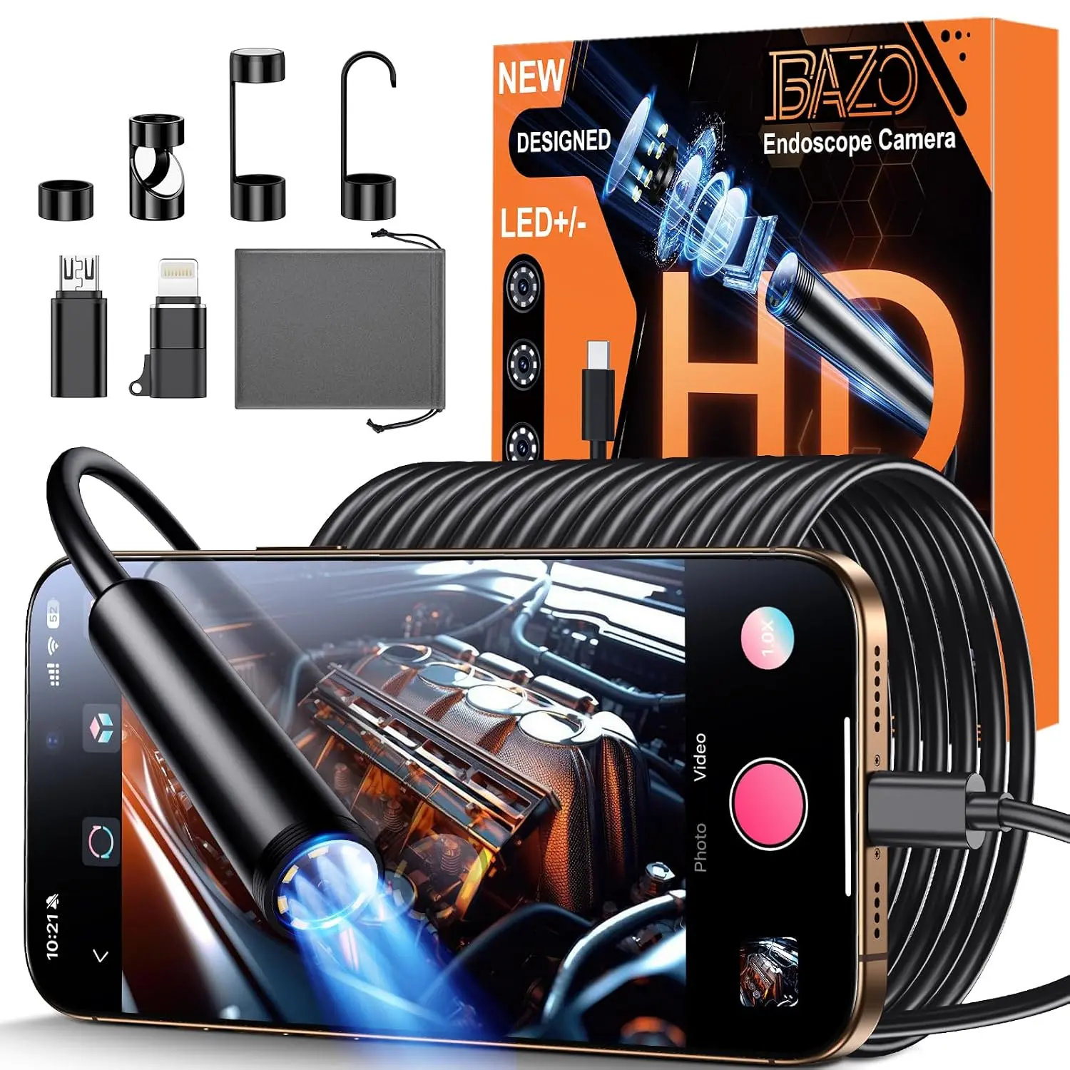 2026 BAZO Endoscope Camera with Light – 1920 HD Borescope Tools with 8 Adjustable LEDs, IP67 Waterproof, Inspection Camera for Android & iOS/iPhone, Endoscope with Semi-Rigid Snake Camera- 16.4ft 001