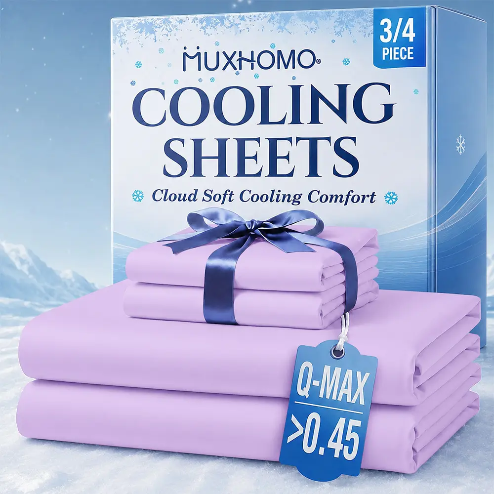 MUXHOMO Bamboo Cooling Sheet Sets, 3/4pcs Extra Thick Sheets With Deep Pocket Ultra- Soft Breathable, Skin-friendly, Queen Size, Ideal For Hot Sleepers, Machine Washable, 1800TC, For 5- Star Hotel Bedroom Guestrooms RV, T/F/Q/K