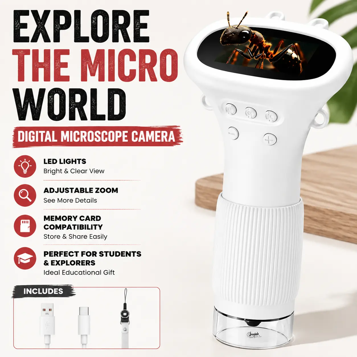 Mini Handheld Microscope Camera with HD Viewing Screen, Adjustable Magnification, LED Light System and Storage Support, Educational Science Tool for Students, Teachers, Beginners and Young Explorers