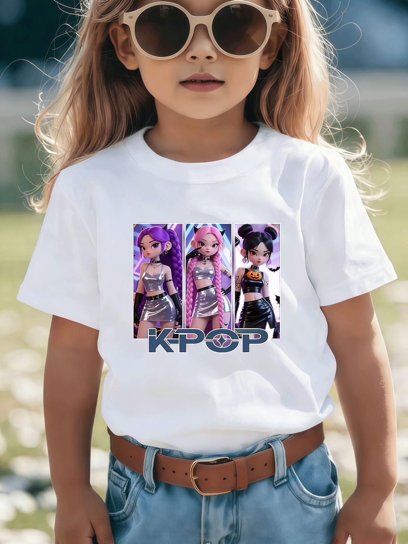 1K-POP Cartoon Girl Group Print, Skin-friendly, Breathable, Trendy and Eye-catching Short-sleeved Top, Perfect for Girls' Idol-chasing and Party Outfits, a Must-have for Black Friday, Valentine's Day, and Other Holidays, Full of Trendy Vibes and Super