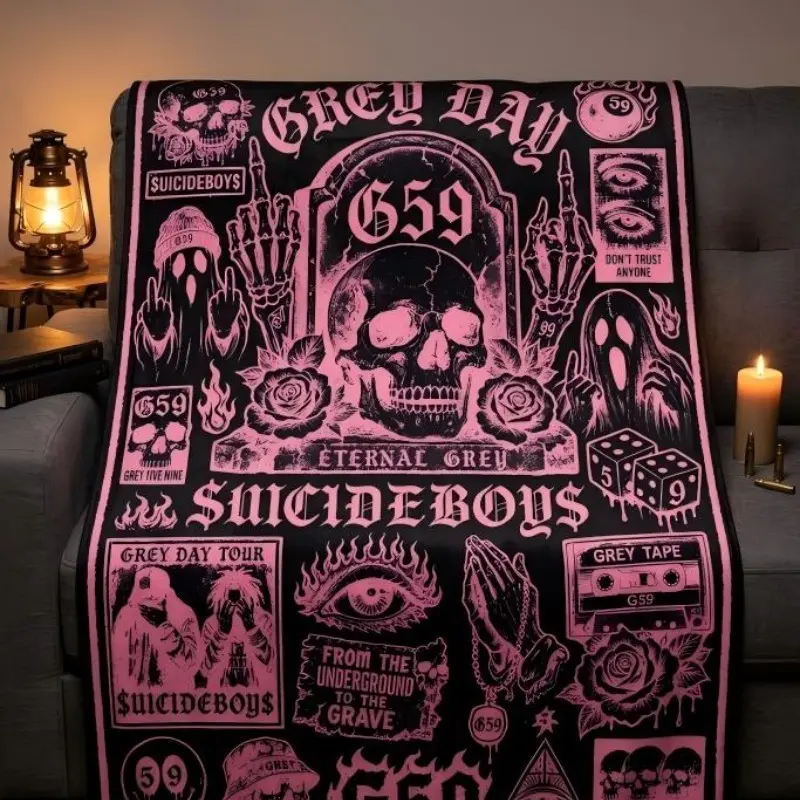 G59 Suicideboys Inspired Fleece Blanket, Underground Rap Skull & Tombstone, Cozy Gothic Emo Decorative Blanket Room Decor, Unique Gift for Rap Music Lovers