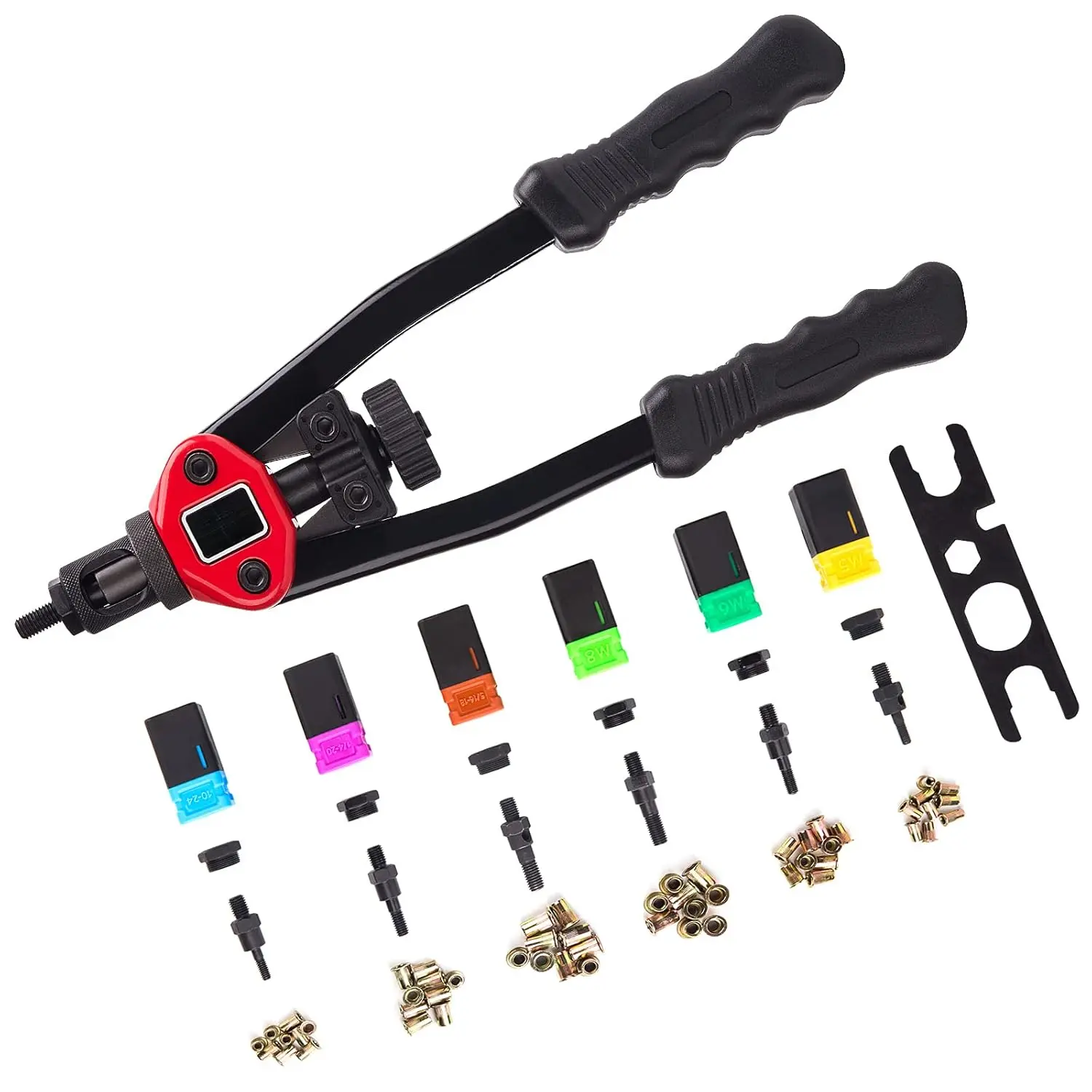 13" Rivet nut Tool Nut/Thread Hand Riveter Blind Rivet Kit M5 M6 M8 SAE 10-24, 1/4-20, & 5/16-18 W/ 60pc Rivnuts