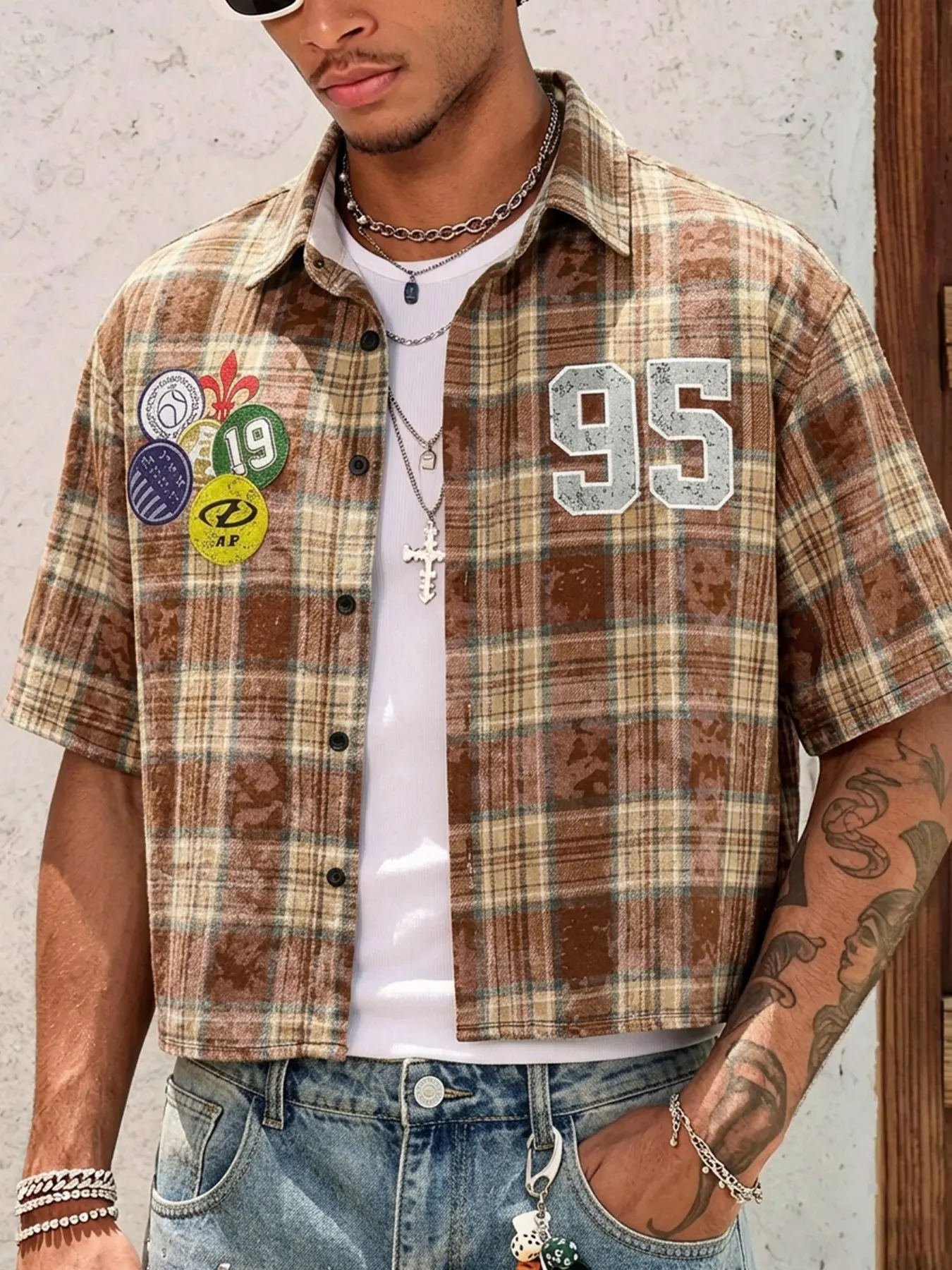 Y2K Retro Plaid Men's Short Sleeve Shirt, Summer Shirts, Vintage Woven Fabric Collar Open Front, Comfortable Streetwear for Daily Casual Wear