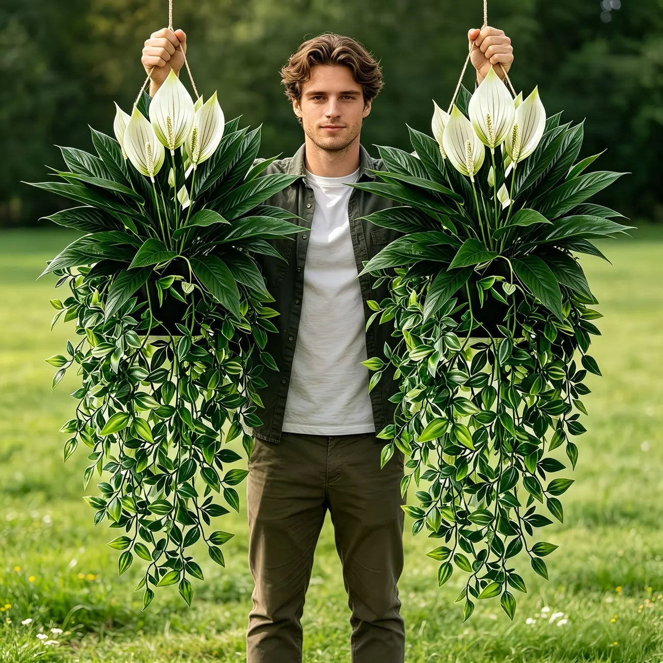 2pcs Faux White Lily And Mandragora Hanging Greenery Set, Forest-Style Fresh Atmosphere Artifact! Sun-Resistant And Fade-Free, No Maintenance Required, Suitable for Easter, Mother'S Day, Wedding Aisle, Courtyard/Balcony Decoration, Hanging Decor