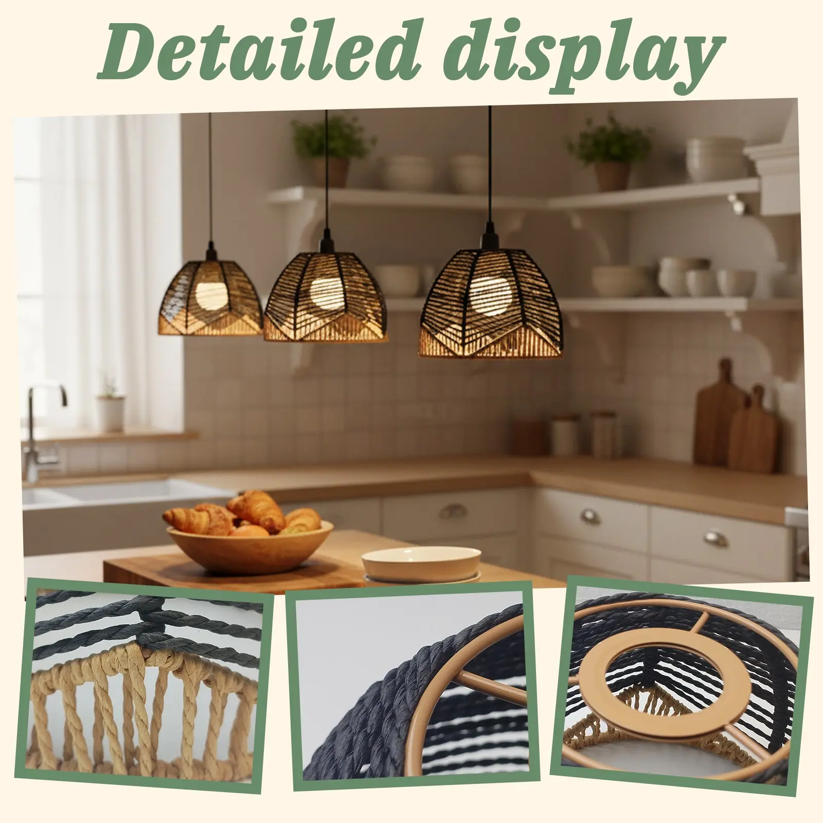 Double Color Half Circle Woven Lamp Shade, Bohemian Style Ventilated Pendant Light Cover, Fits Living Room Dining Bedroom Cafe Beach Home Ceiling Lights
