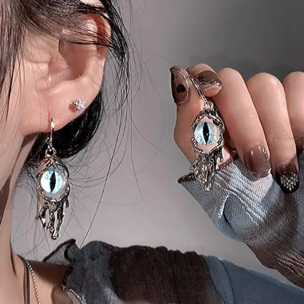 Gothic Demon Eye Skeleton Hand Dangle Earrings, Cool Blue Evil Eye Drop Hook Earrings, Punk Skull Pendant Earrings for Women Halloween Party Jewelry