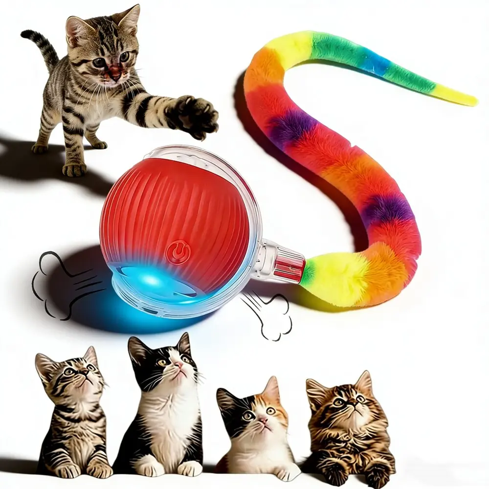 Silicone Pet Electric Rolling Ball, Self-Amusement Cat Kittens Dog Toy, Smart Obstacle Avoidance, Colorful Plush Tail, Attracts Pet Attention