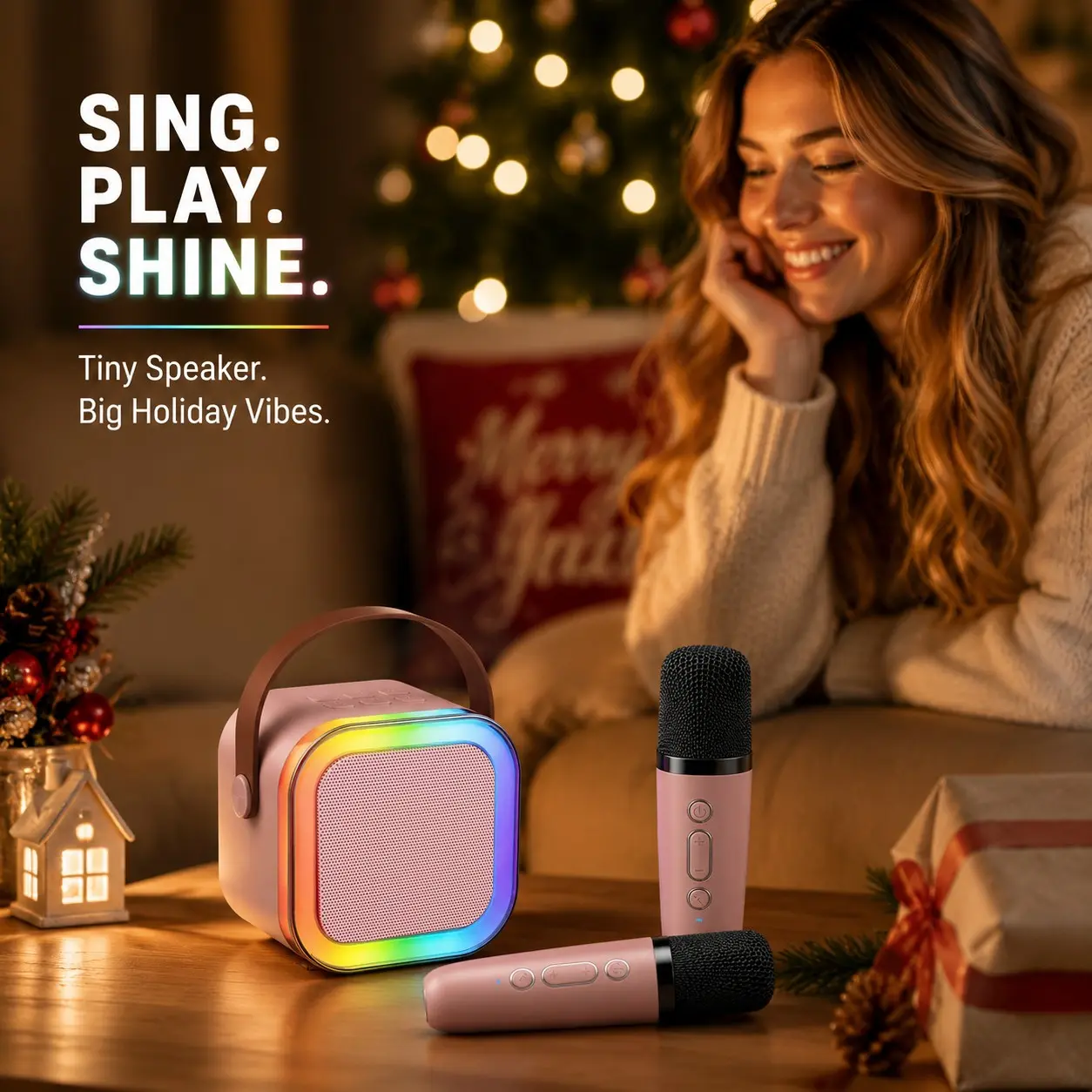 Mini Portable Speaker with 2 Wireless Microphones, Ktv Portable Speaker, Portable Karaoke Machine, 5 Sound Effects, Ideal for Birthday and Christmas Gifts