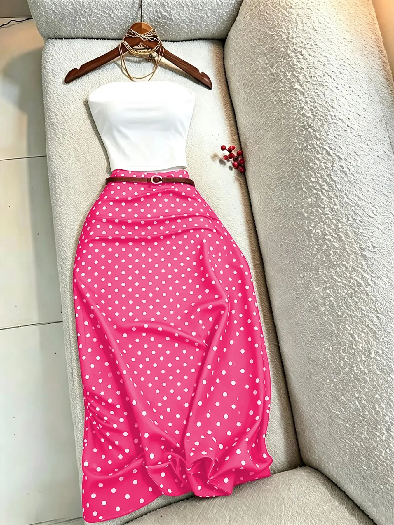 French Vintage Style Women's 2-Piece Set, Strapless Bustier and Polka Dot High-Waisted Skirt, Elegant and Retro, Perfect for Vacations and Dates