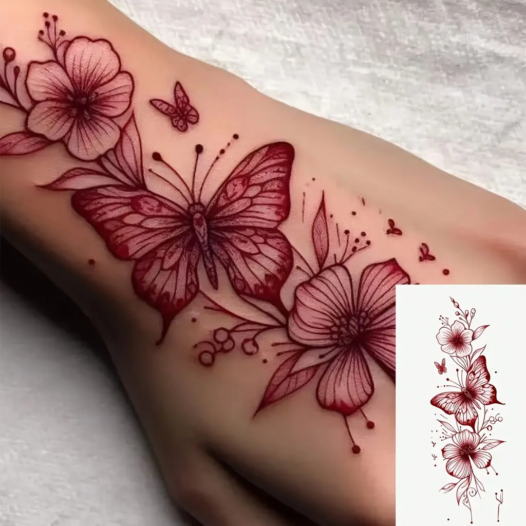 1 Pc Washable Temporary Tattoo, Vivid Red Ink Flower Minimalist Design, Suitable For Daily Use