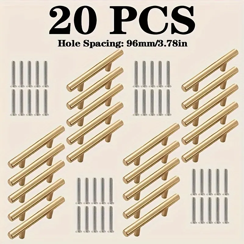 20-Piece Gold Brushed Stainless Steel Cabinet Pulls & Door Handles, 5.9in Length, Easy-Install Kitchen & Wardrobe Hardware with Included Screws