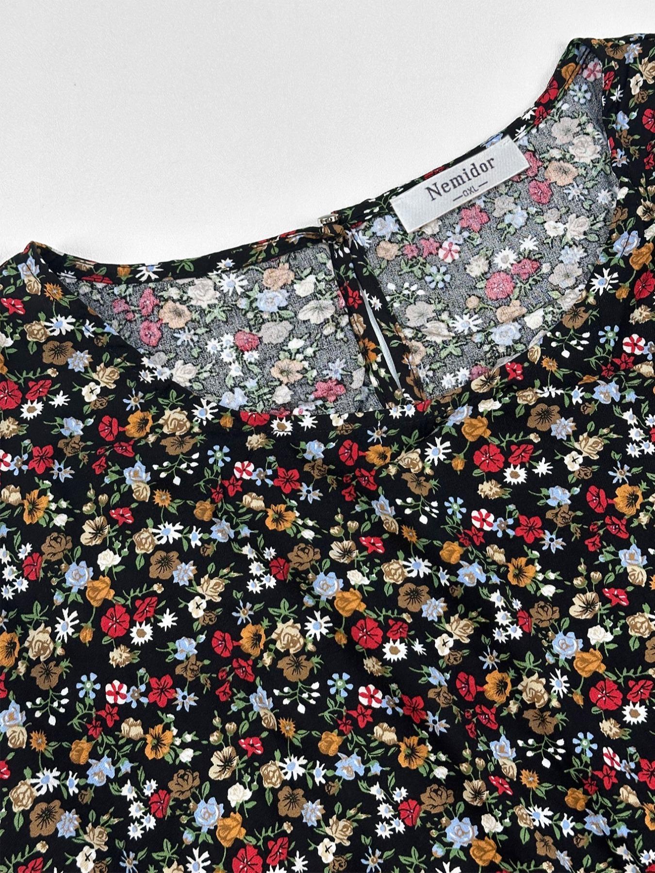 [Plus Size] Ditsy Floral Print Round Neck Dress, Boho Bohemian Style Casual Short Sleeve Long Dress for Daily Holiday Vacation Wear, Women's Clothes for Spring & Fall