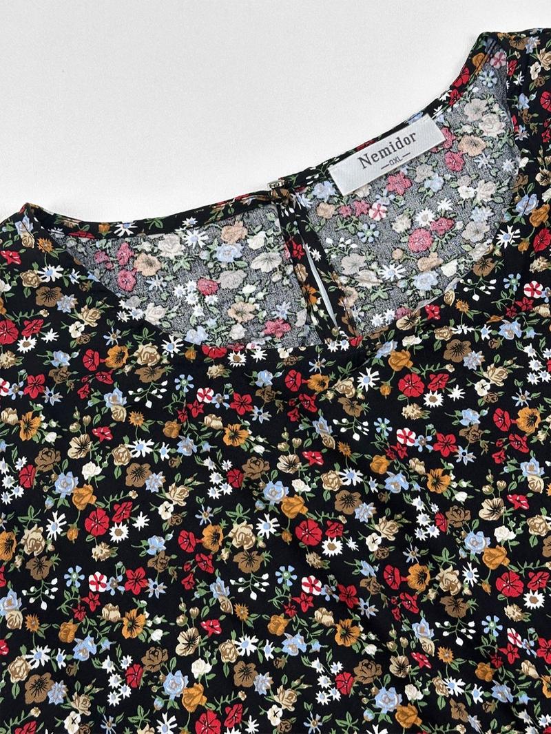 【Plus Size】 Ditsy Floral Print Round Neck Dress, Boho Style Casual Short Sleeve Long Dress for Daily Holiday Vacation Wear, Women's Clothes for Spring & Fall
