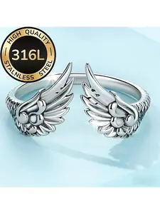 High-quality 316L stainless steel open-style wing ring for men and womena minimalist, vintage-inspired "Guardian Feather" band.