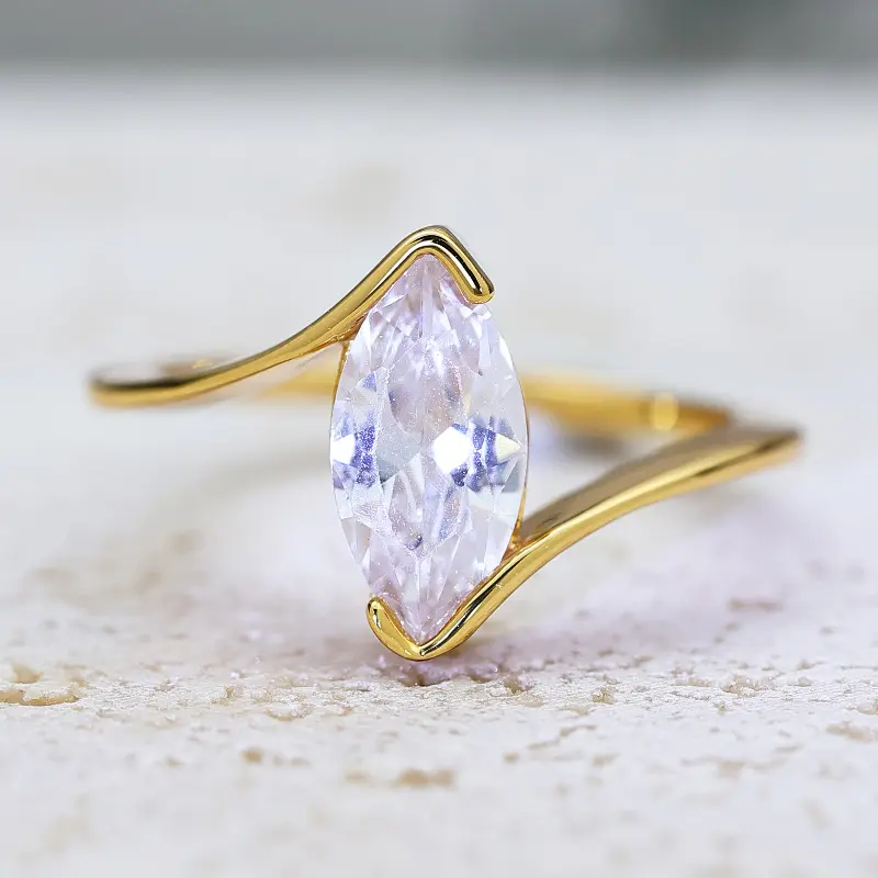 Luxury Golden-Tone Marquise-Cut Engagement Ring for Women, Twisted Band Elegant Promise Ring, Sleek Statement Jewelry, Ideal Gift for Valentine's Day, Parties & All Special Occasions
