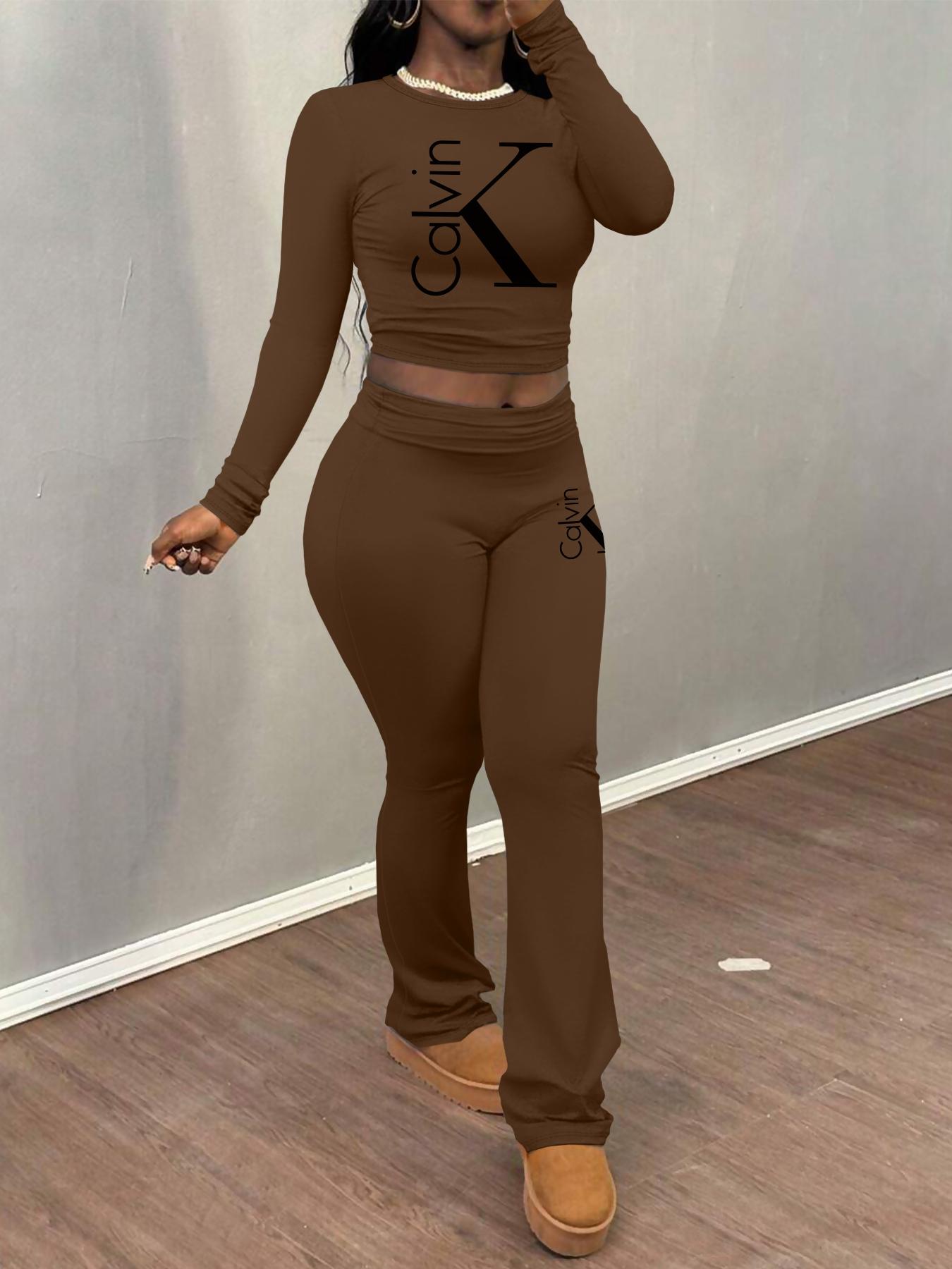 Cakvin Letter printing Women's Letter Print Long Sleeve Crop Tee & Plain Flare Leg Pants Two-Piece Set, Casual Fashion Cozy Round Neck Top & Bell Bottom Trousers for Daily Outdoor Wear, Women's Clothing for Fall & Winter