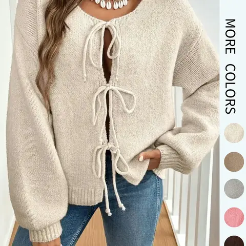 Women's Solid Color Tie Front Knitted Drop Shoulder, Lightweight Casual Loose Fit Long Sleeve Knitwear for Fall & Winter, Fashion Women's Knit Clothing for Daily Wear, Casual Fashionable Tops, Knitting