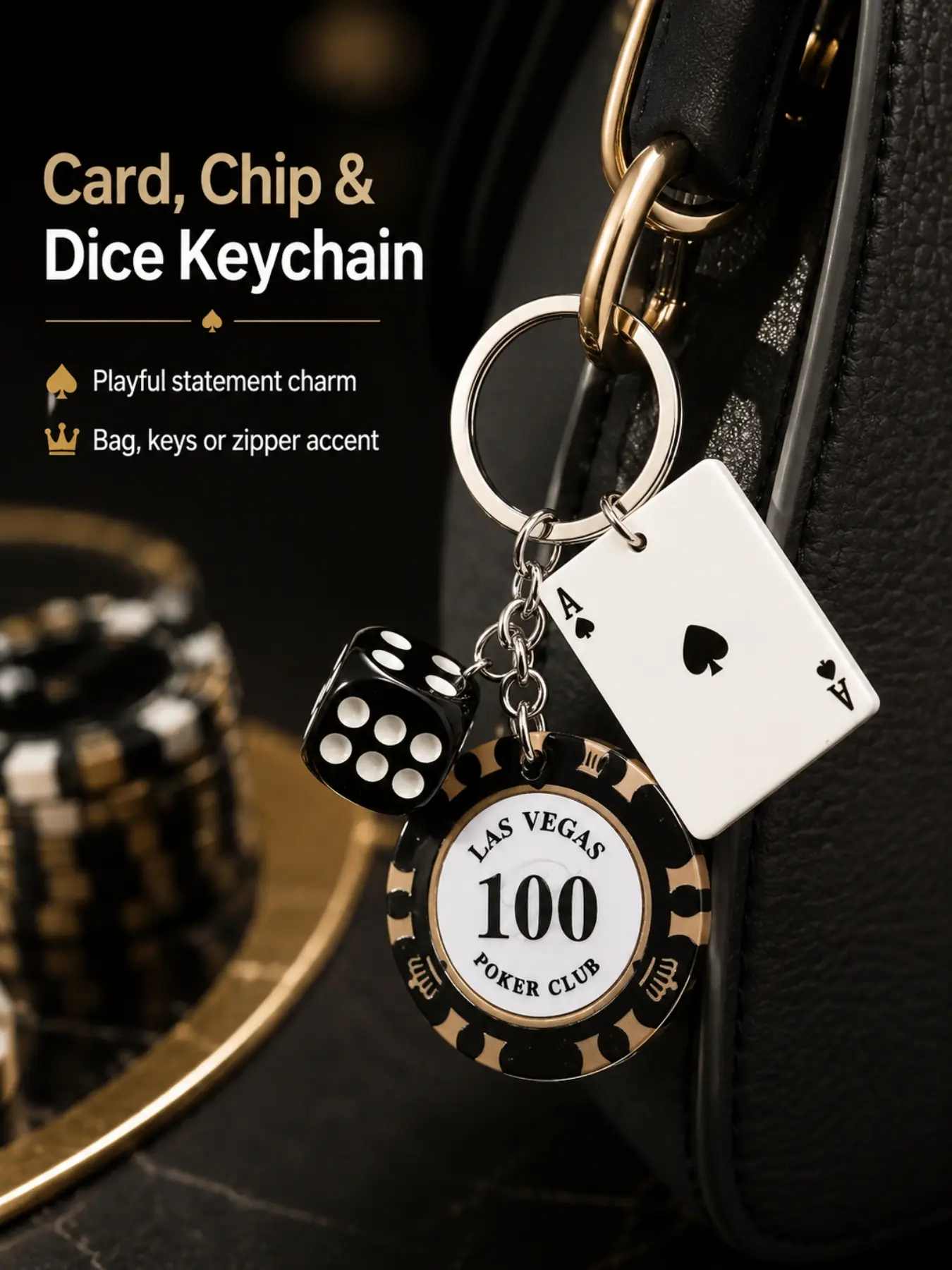 Cool Unisex Poker Themed Dice Ace of Spades Keychain, Novelty Key Ring Accessory, Gift for Men, Travel Keepsake, Keychain Charms, Handbag Purse Charm, Cool Keychains
