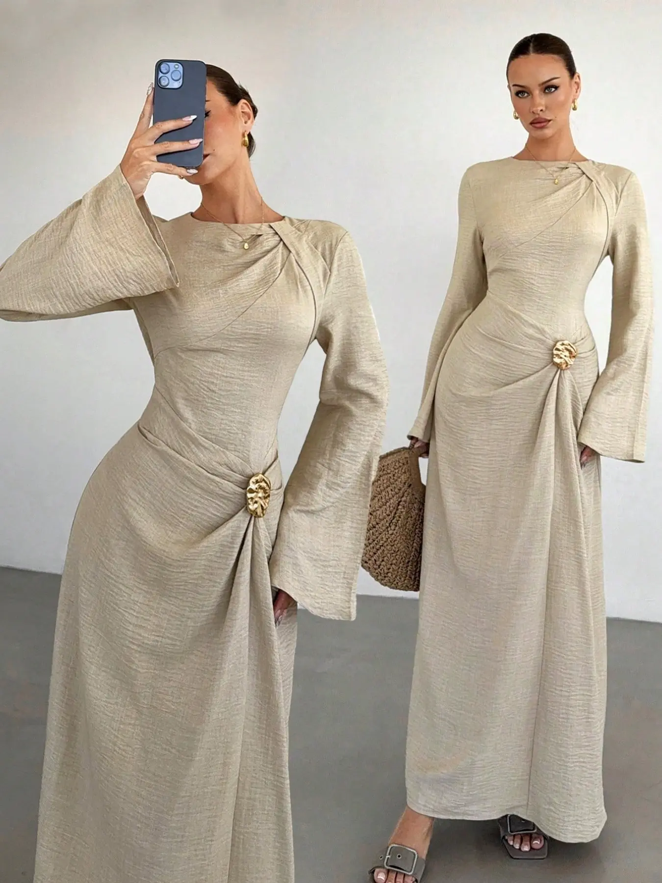 Women's Plain Color Dress with Twist Detail, Metal Button Front, Bell Sleeve, Long Sleeve, Wedding Maid of Honor Dress, Formal Winter Dress