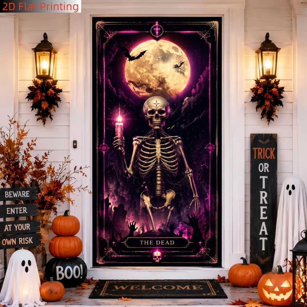 2D flat 1pc tarot card style skull candle Halloween decoration hanging cloth, dark gothic full moon bat print background wall cloth, suitable for Halloween party atmosphere decoration, home bedroom hanging cloth, horror theme photography background